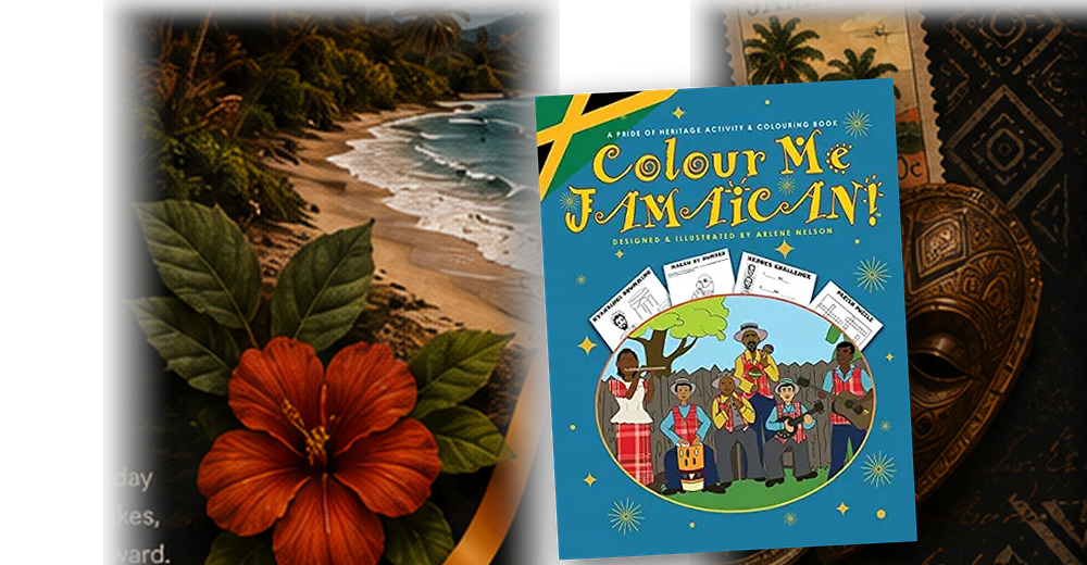 Colour Me Jamaican book displayed in a Jamaican cultural collage.